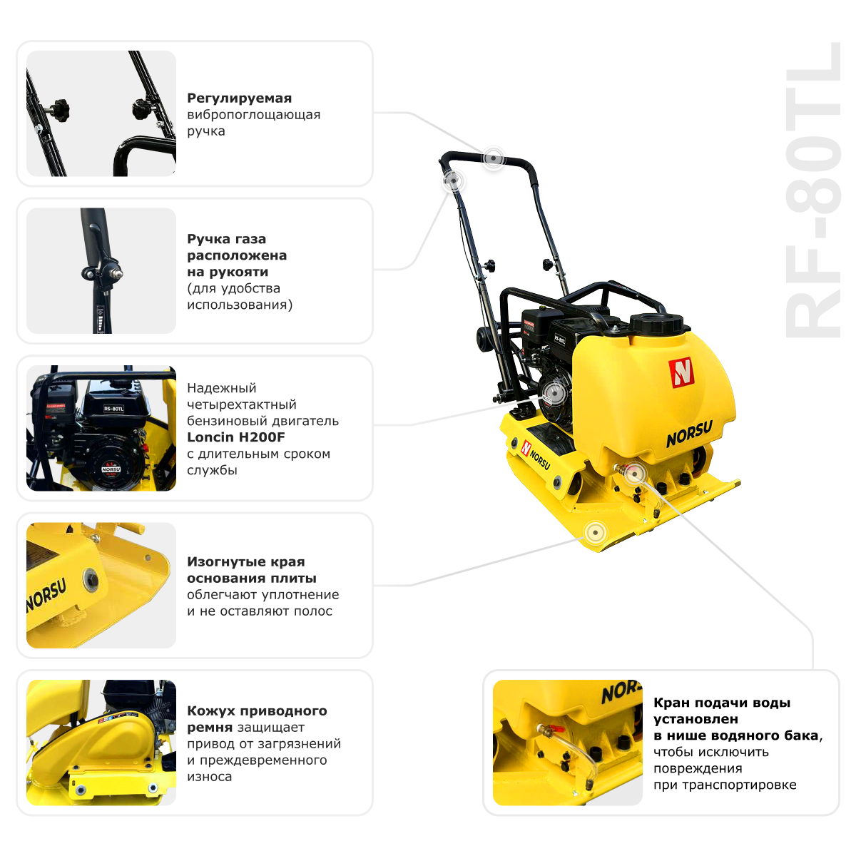 Виброплита бензиновая прямоходная NORSU RF-80TL (колесный комплект, бак для воды)