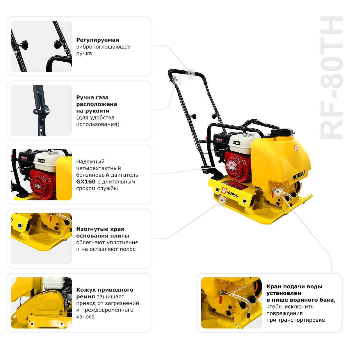 Виброплита бензиновая прямоходная NORSU RF-80TH (колесный комплект, бак для воды)